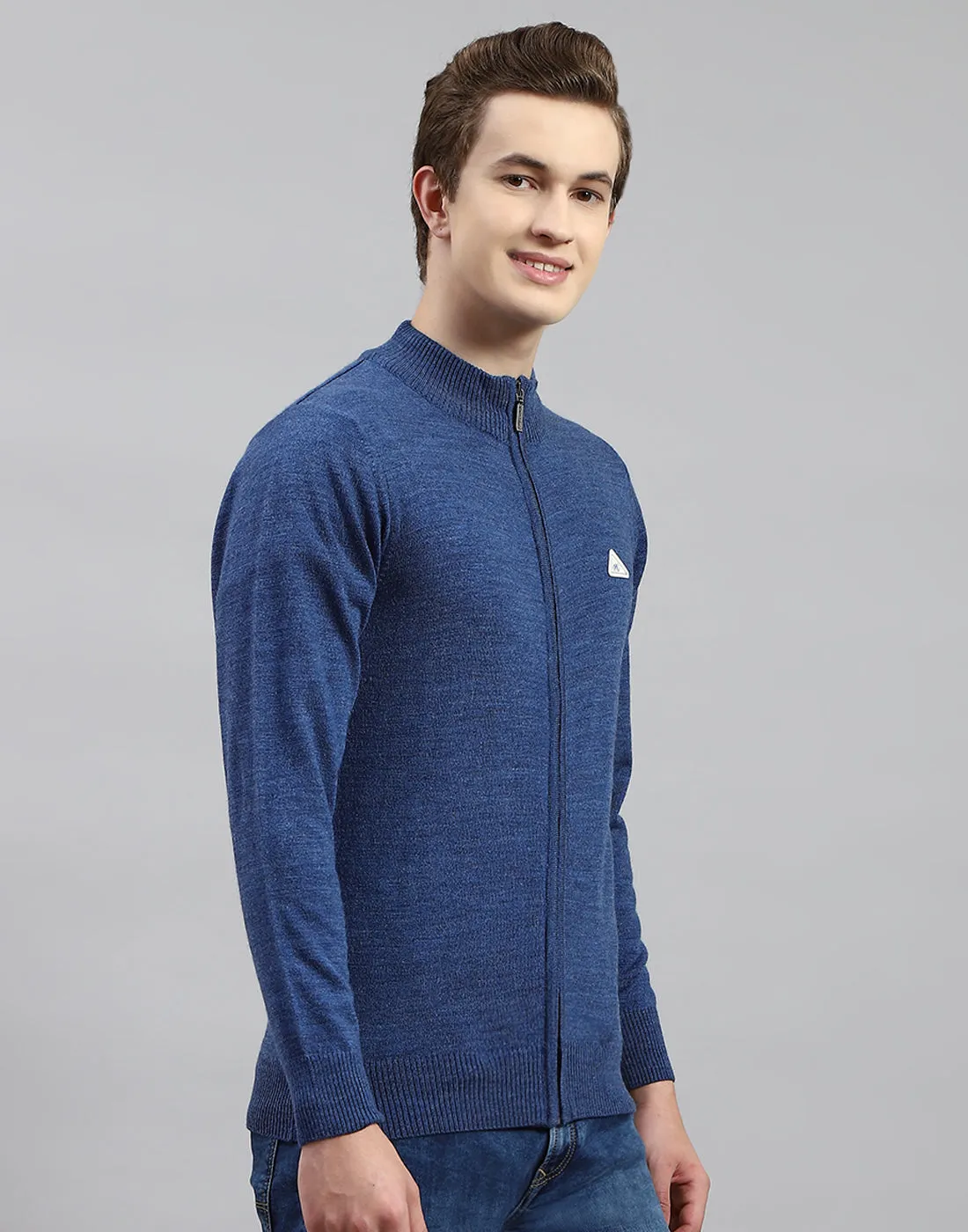 Men Blue Solid Stand Collar Full Sleeve Pullover