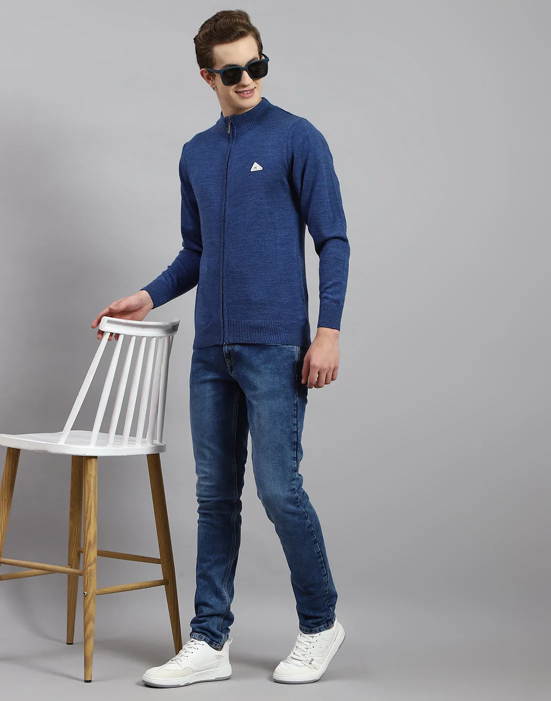 Men Blue Solid Stand Collar Full Sleeve Pullover