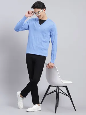 Men Sky Blue Solid Pure wool Pullover