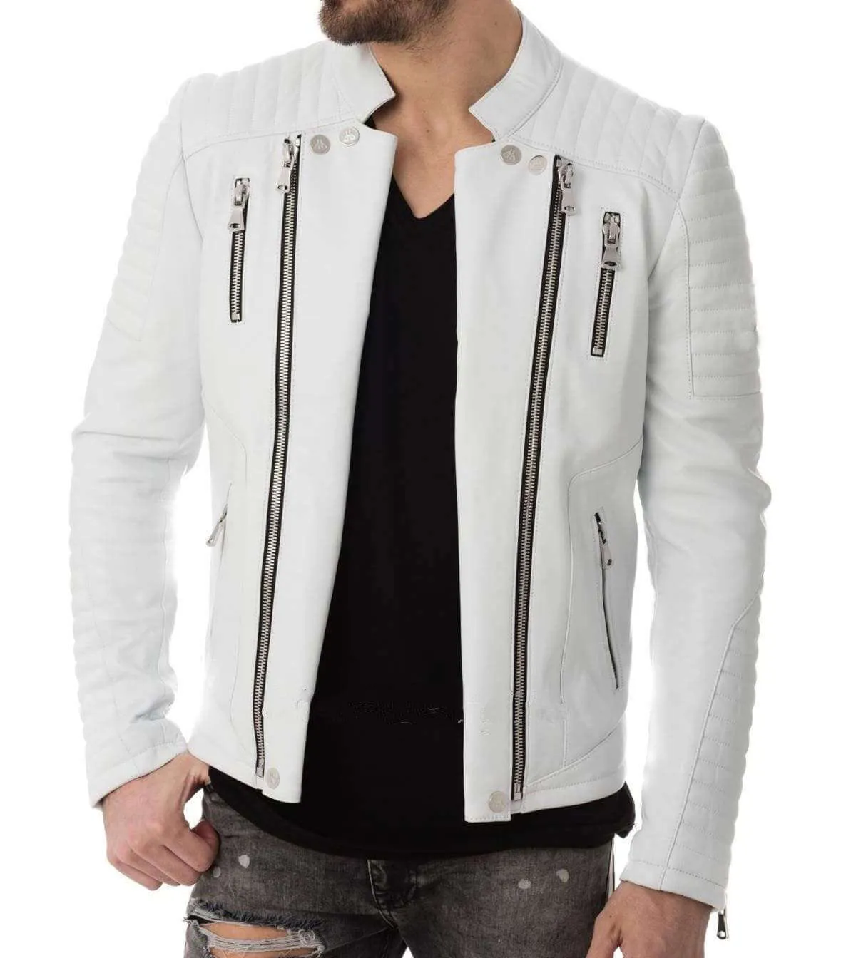 Men's Genuine Lambskin Leather Whiter Jacket Biker Leather Jacket