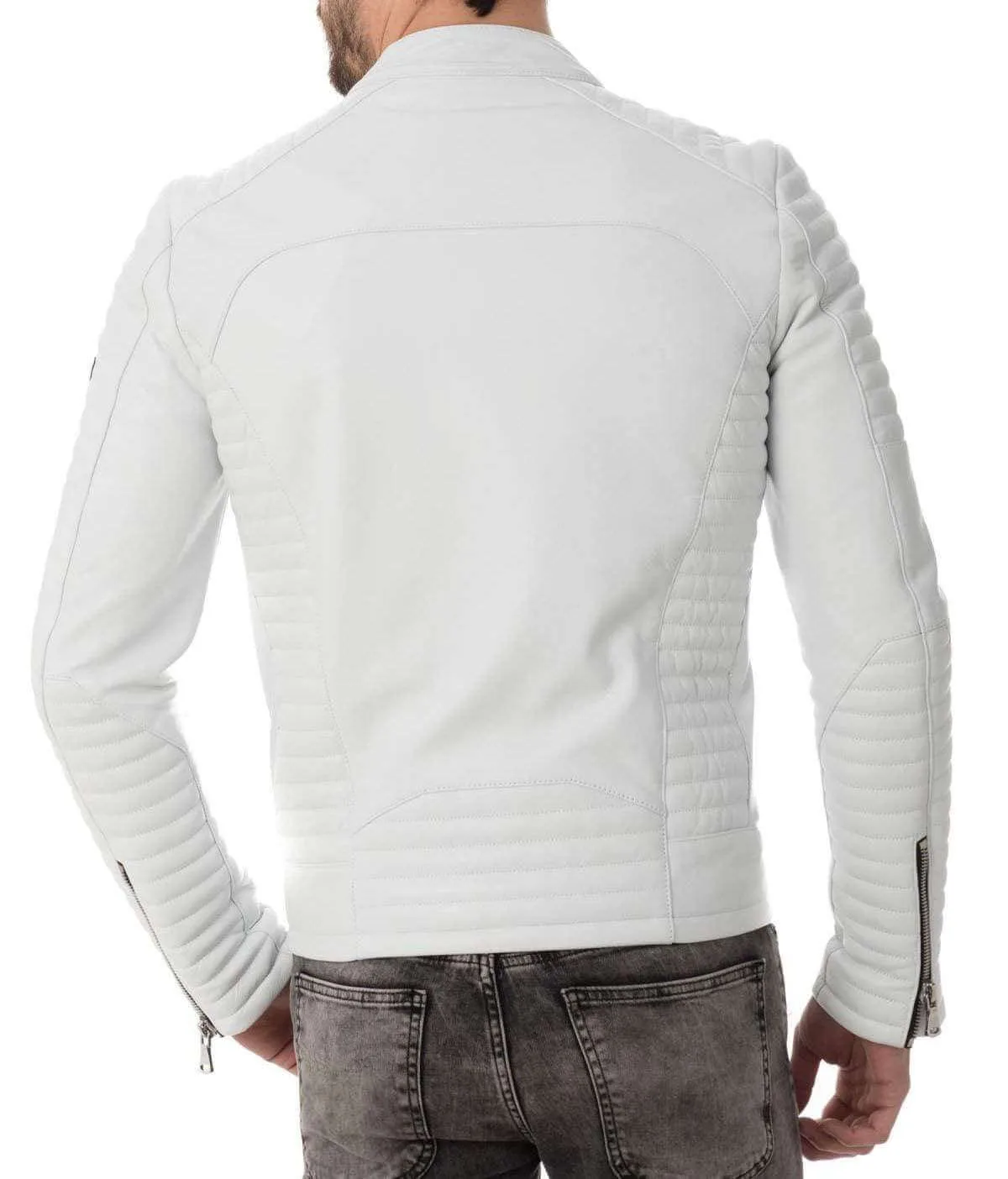 Men's Genuine Lambskin Leather Whiter Jacket Biker Leather Jacket