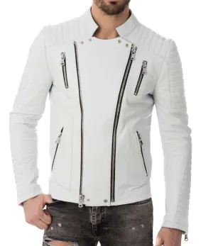 Men's Genuine Lambskin Leather Whiter Jacket Biker Leather Jacket