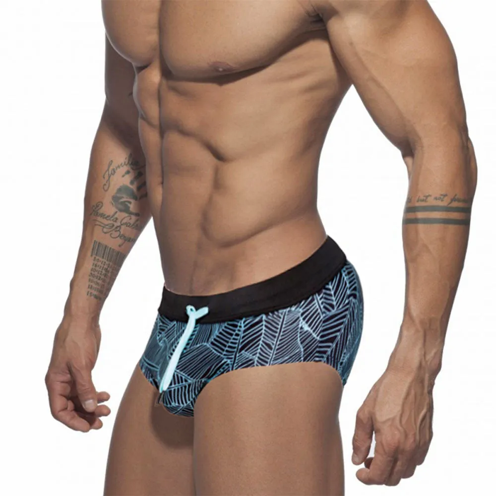 Monochrome Leaf Pattern Swimming Trunks