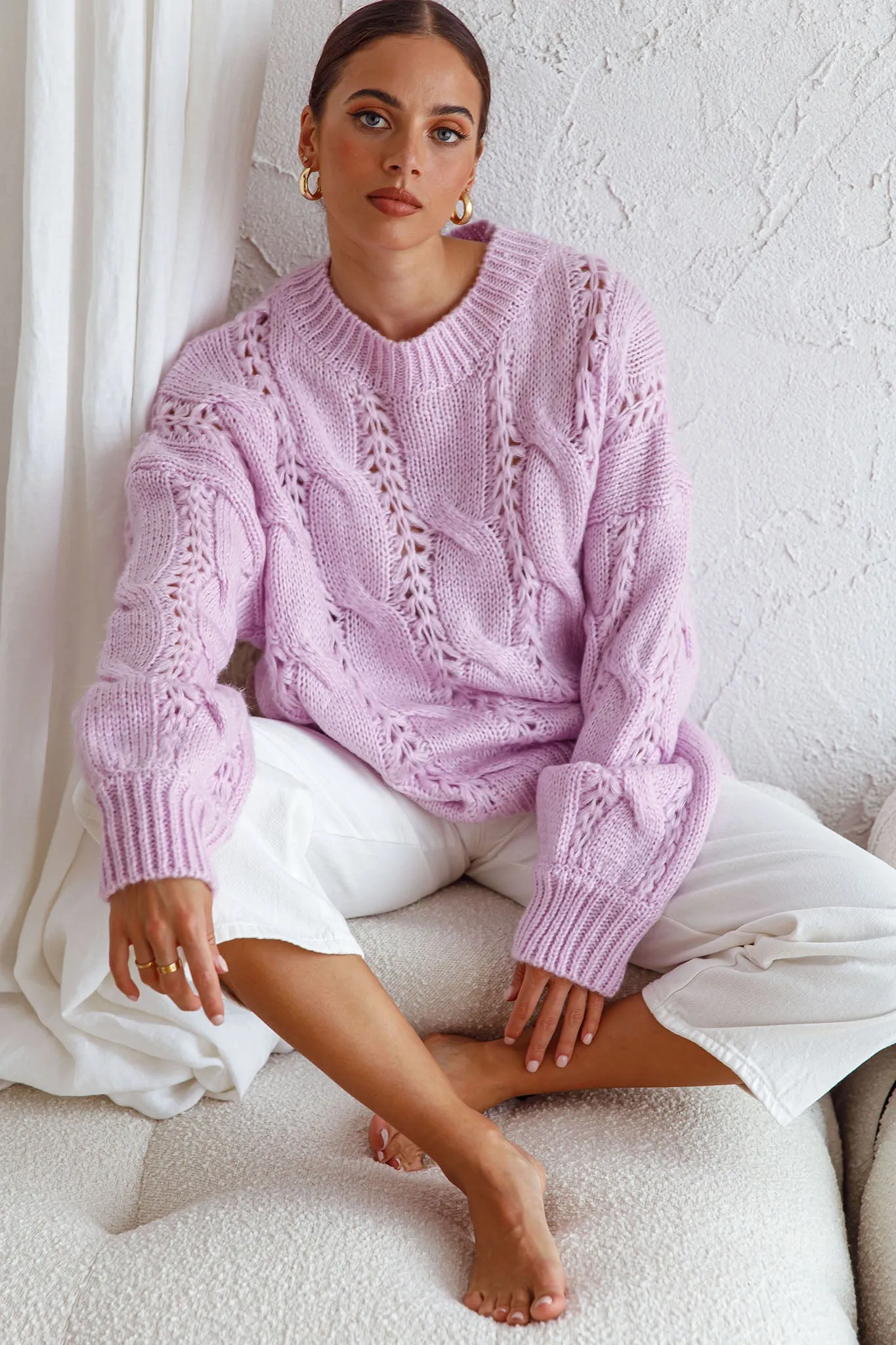 Nicola Long Sleeve Chunky Cable Knit Sweater Lilac