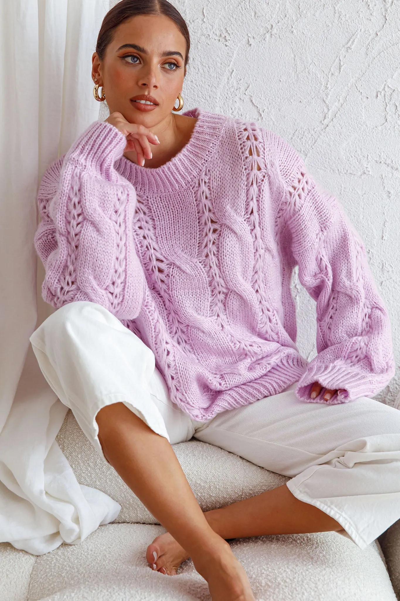 Nicola Long Sleeve Chunky Cable Knit Sweater Lilac