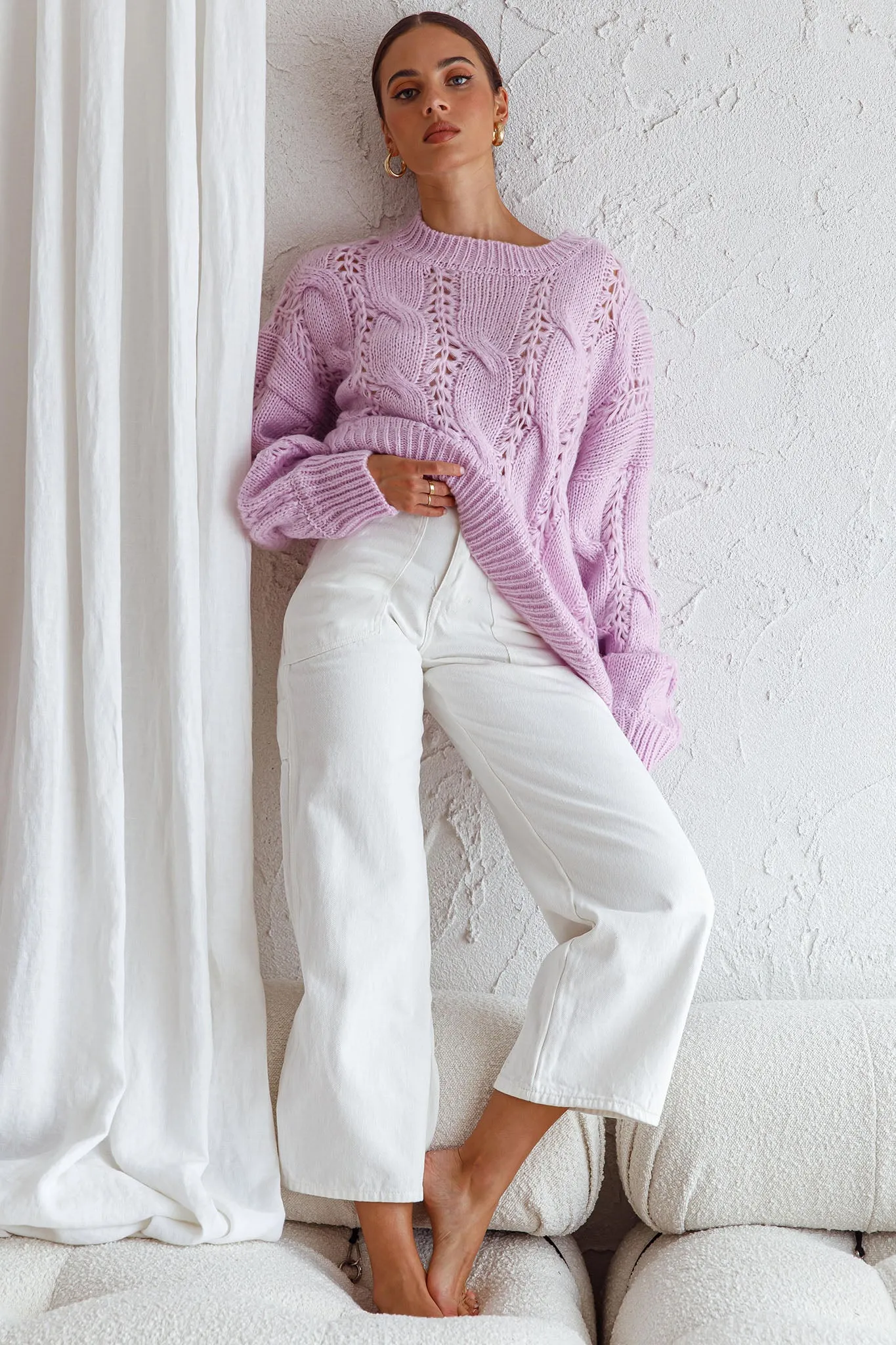 Nicola Long Sleeve Chunky Cable Knit Sweater Lilac