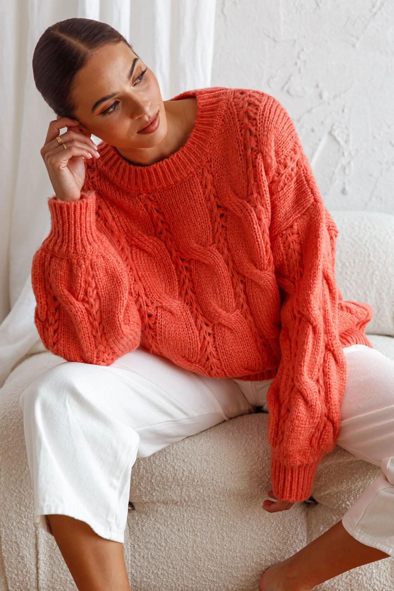 Nicola Long Sleeve Chunky Cable Knit Sweater Peach