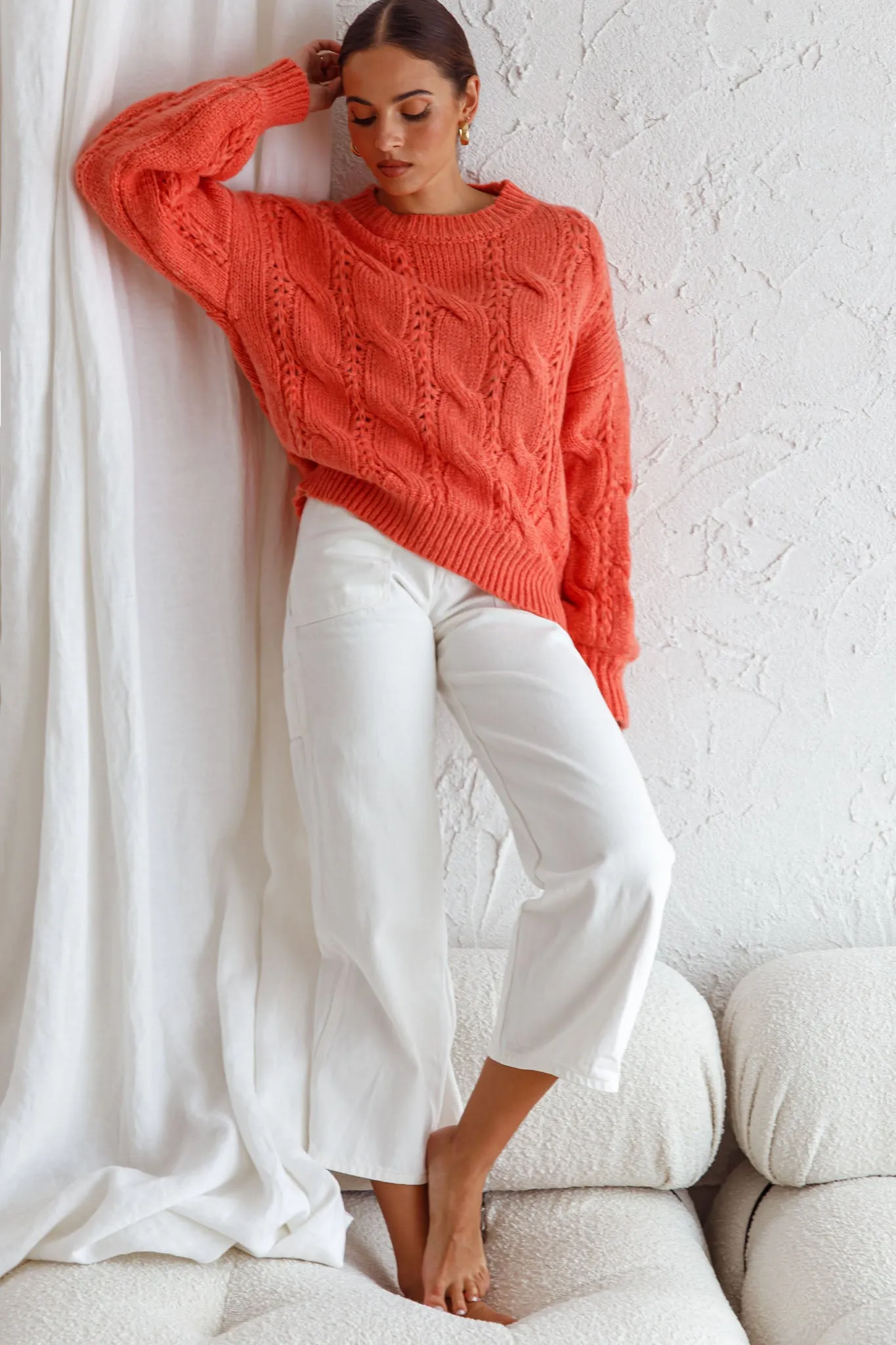 Nicola Long Sleeve Chunky Cable Knit Sweater Peach