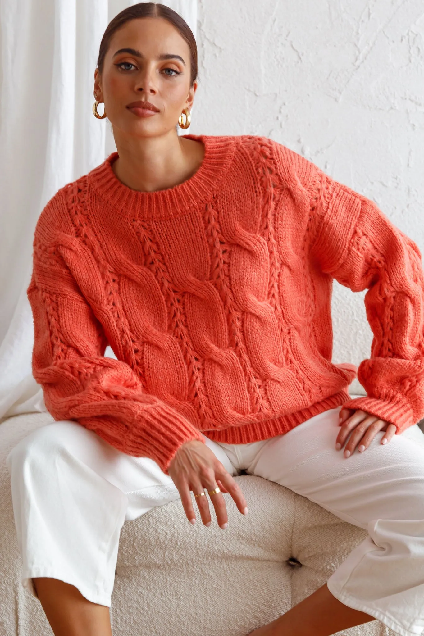 Nicola Long Sleeve Chunky Cable Knit Sweater Peach