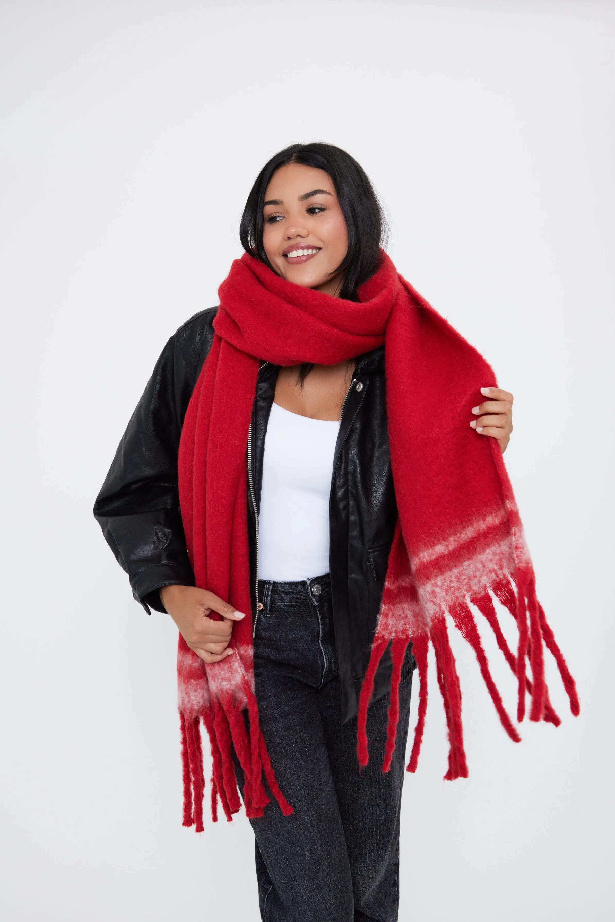 Oversized Chunky Blanket Scarf with Stripe Detail in Red and White