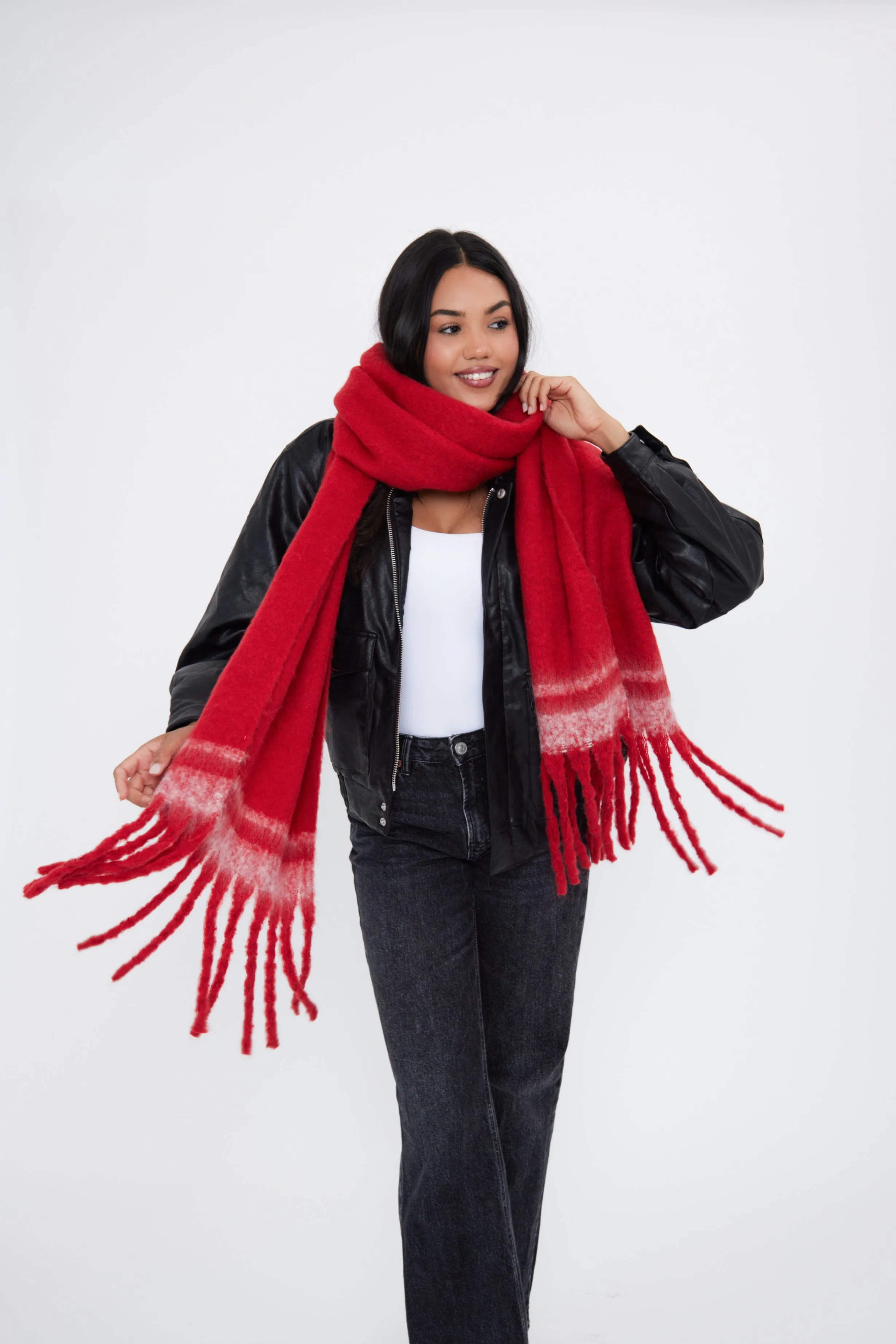 Oversized Chunky Blanket Scarf with Stripe Detail in Red and White