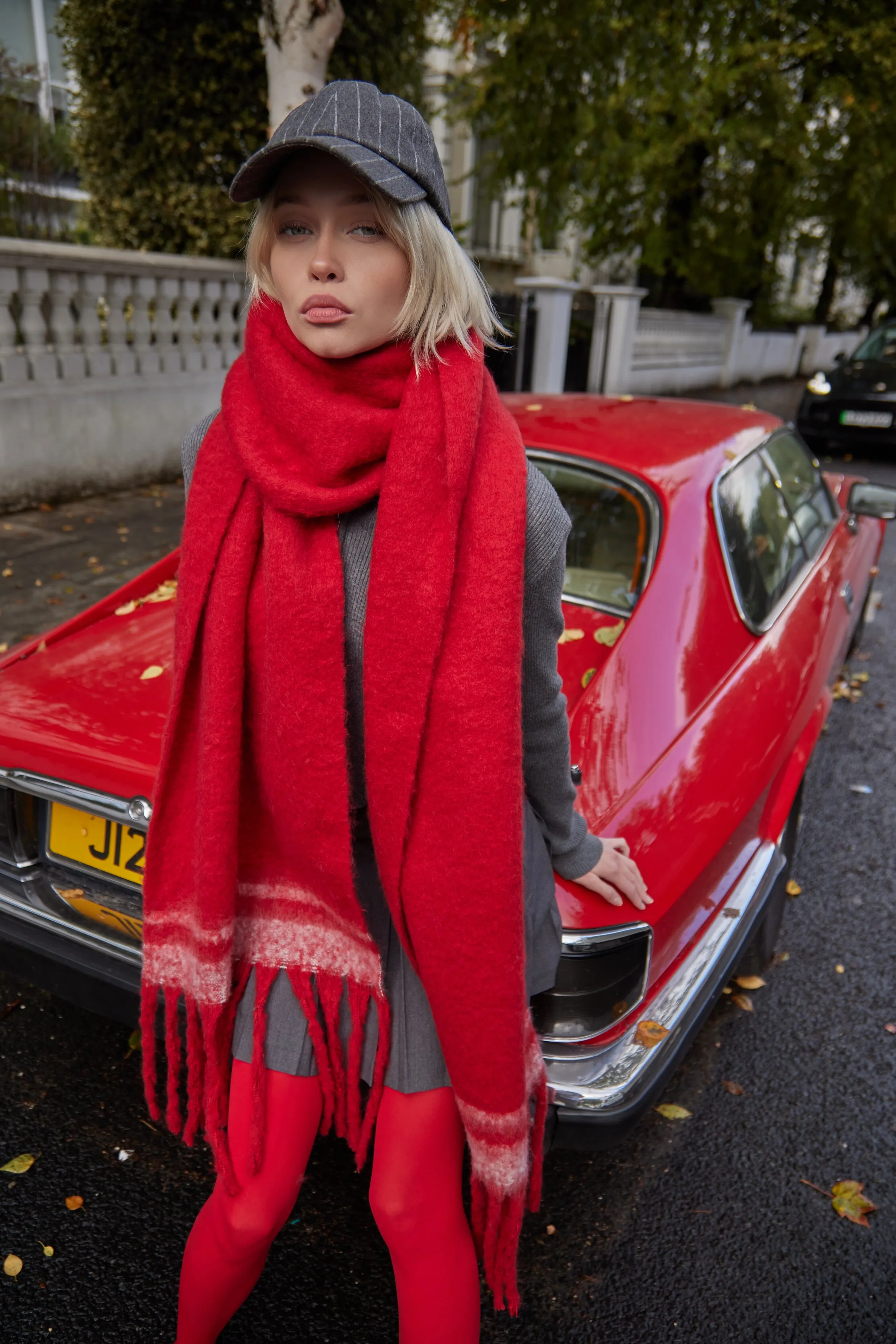 Oversized Chunky Blanket Scarf with Stripe Detail in Red and White