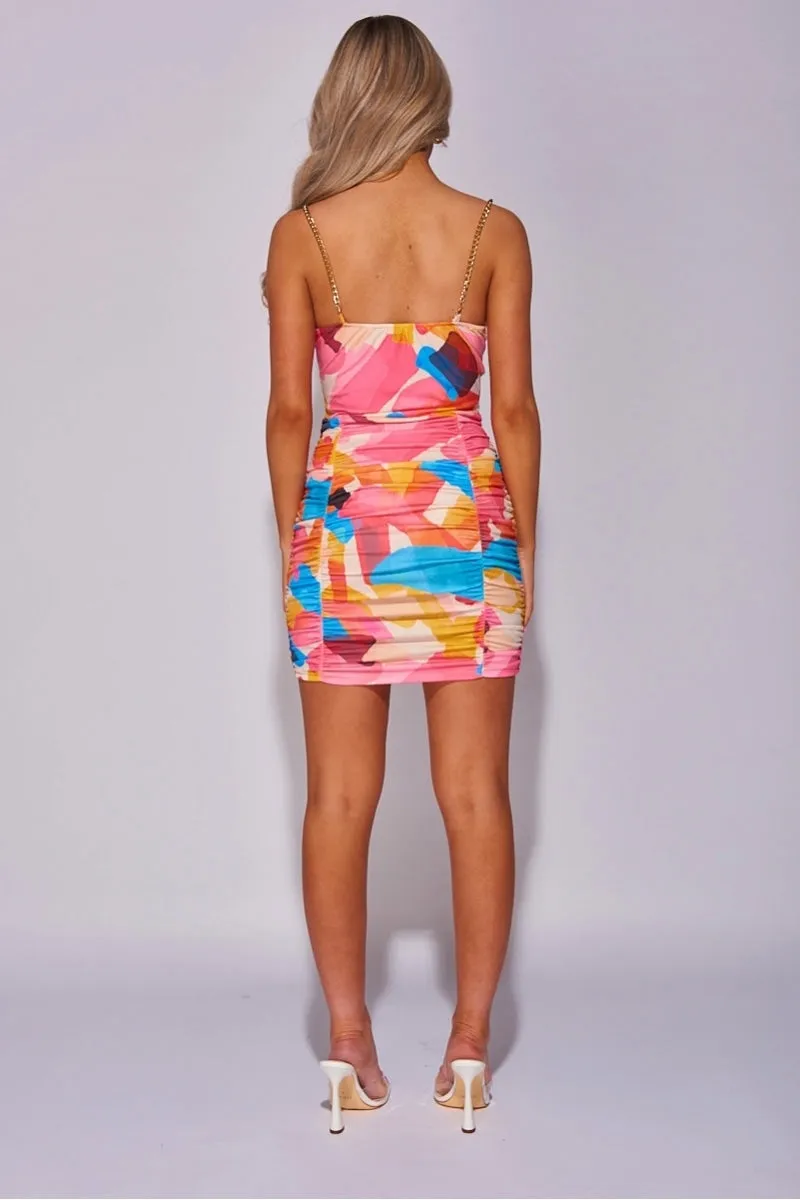 Pink Chain Strap Abstract Print Ruched Mini Dress