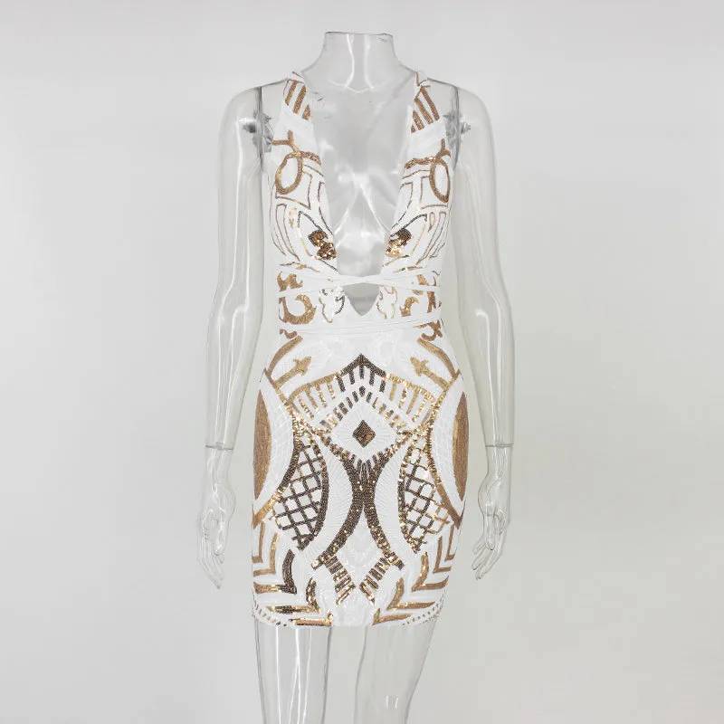 "Angelic" Gold and white deep front strappy back bodycon dress