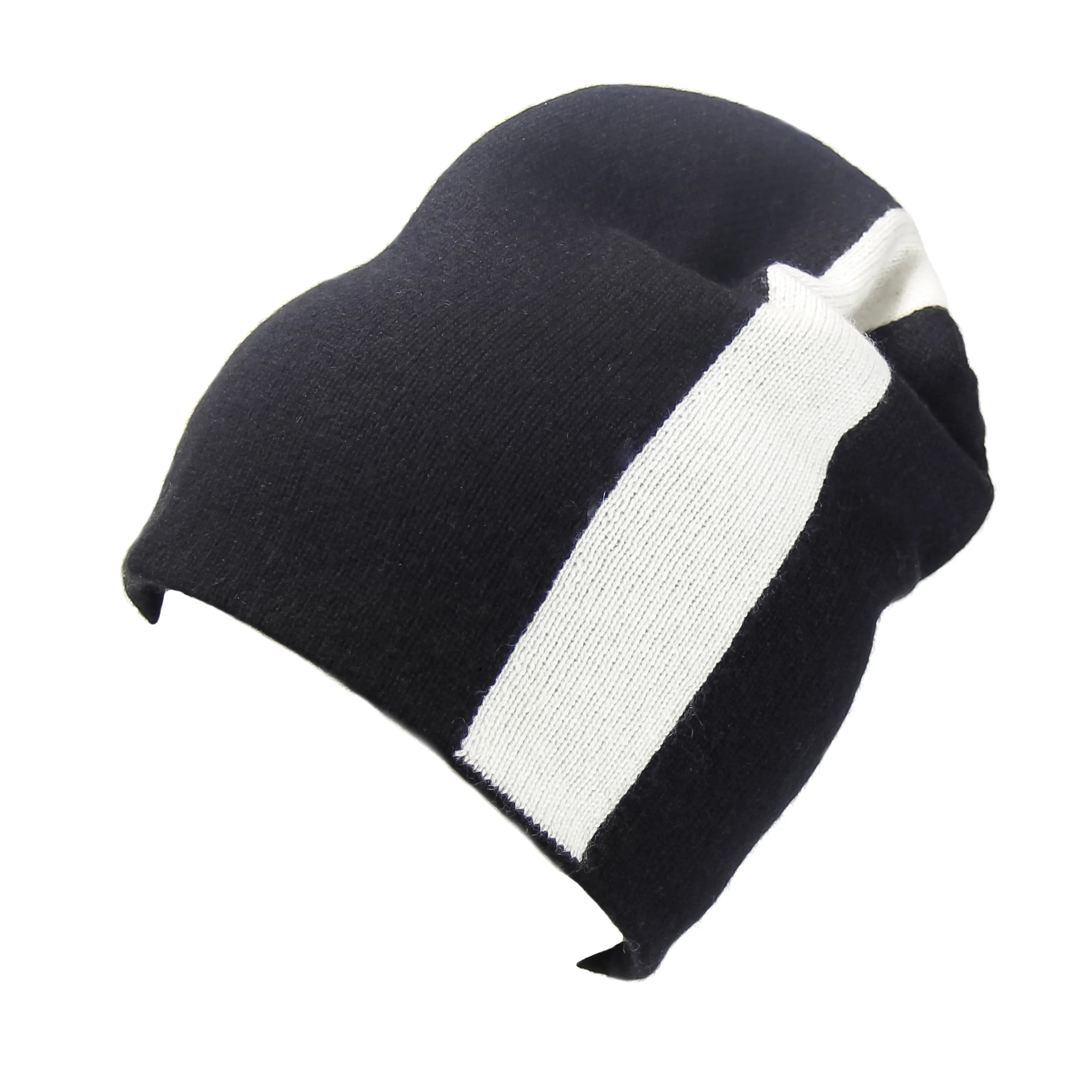 Reversible Slouchy Black & White Striped Cashmere Hat with White Pom-Pom