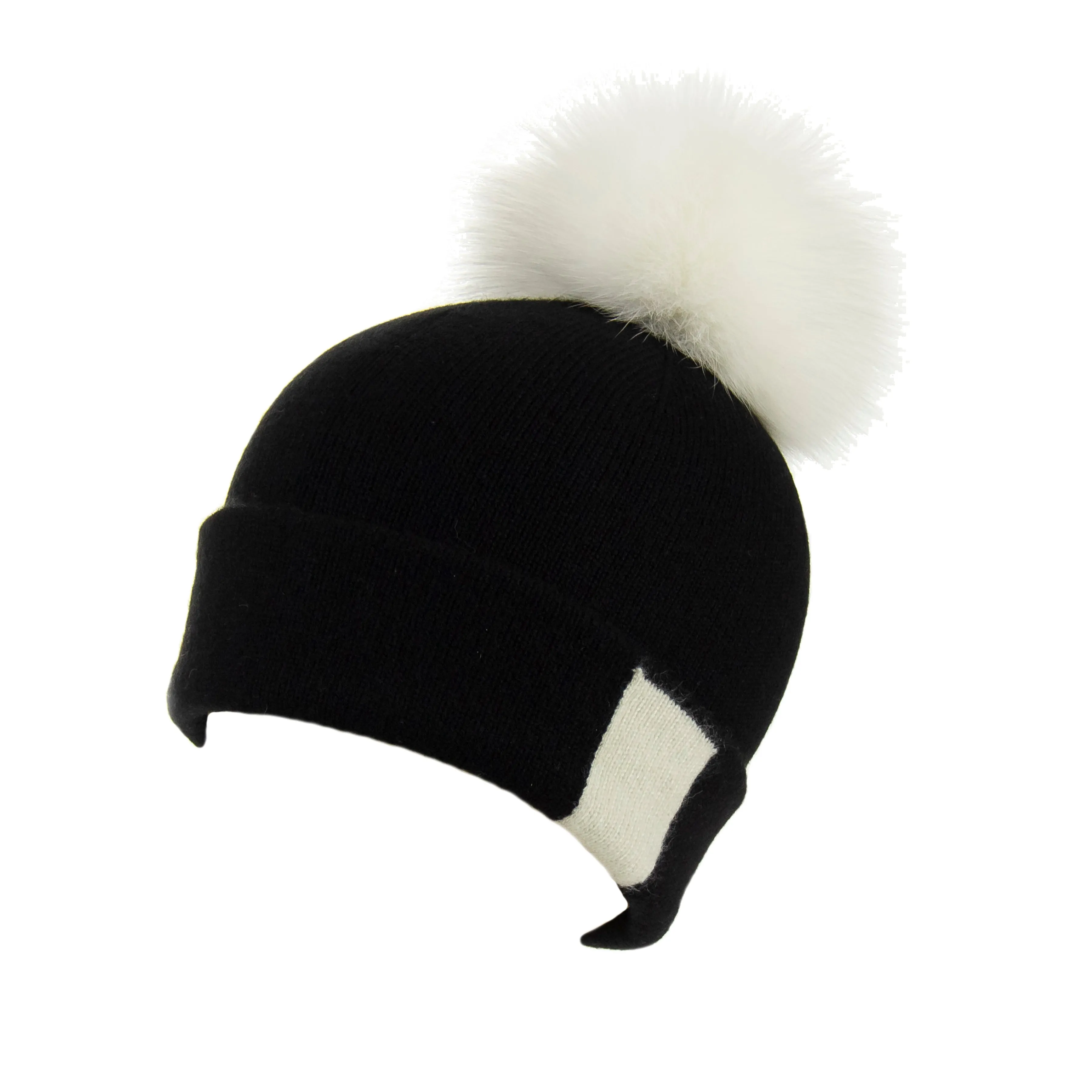 Reversible Slouchy Black & White Striped Cashmere Hat with White Pom-Pom