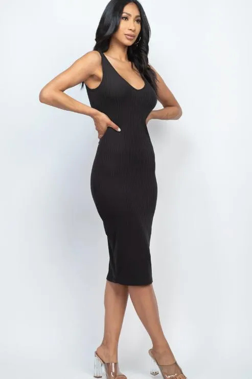 Ribbed Back Slit Bodycon Midi Dress