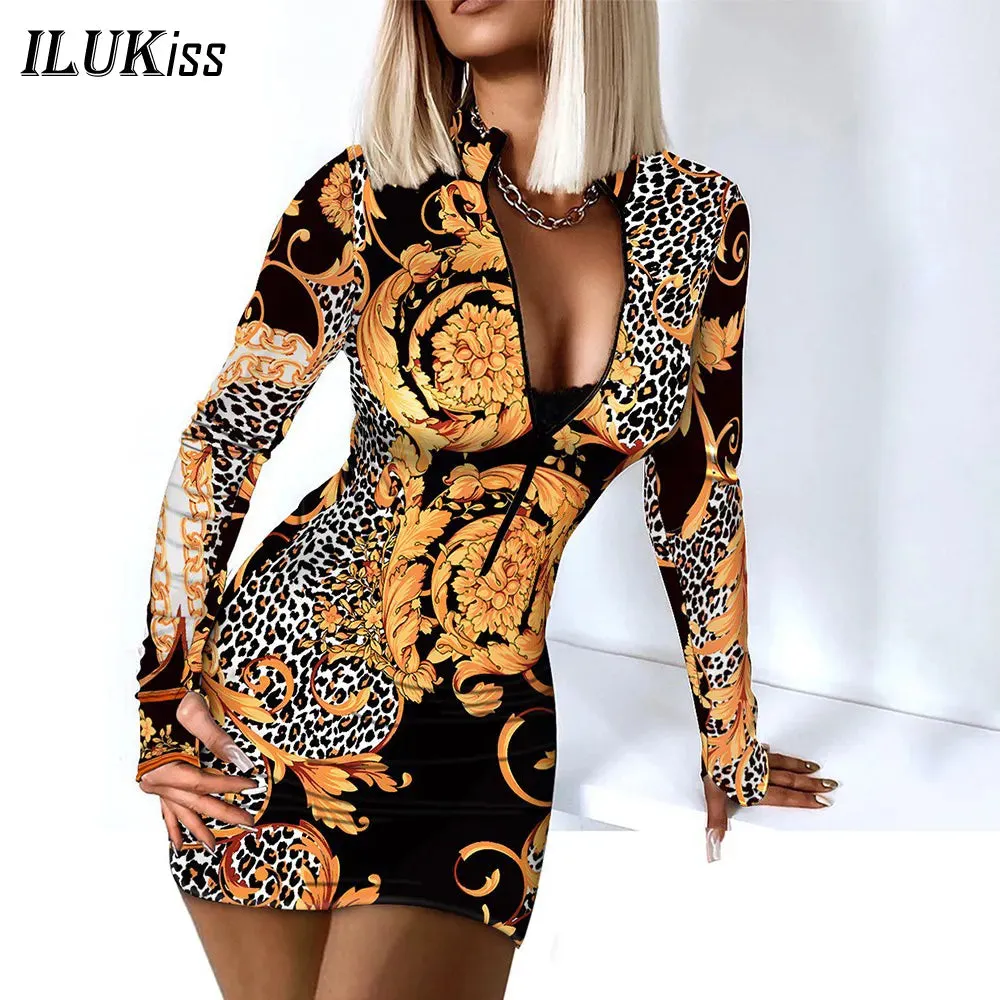 Sexy Long Sleeve Bodycon Mini Dress Women Autumn Winter Fashion Deep V Neck Print Club Outfits Party Dresses Casual Robe