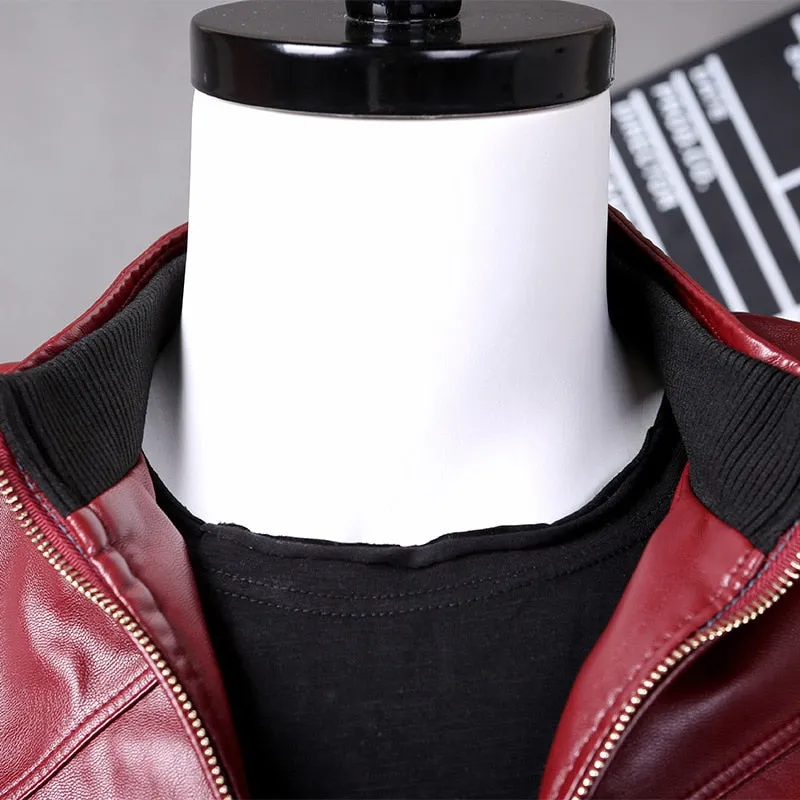 Solid Stand Collar Leather Jacket