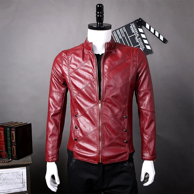 Solid Stand Collar Leather Jacket