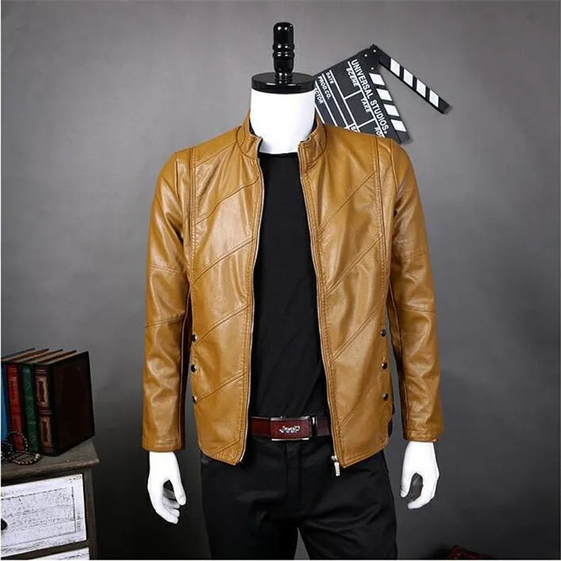 Solid Stand Collar Leather Jacket