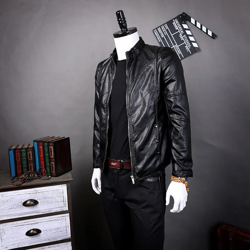 Solid Stand Collar Leather Jacket