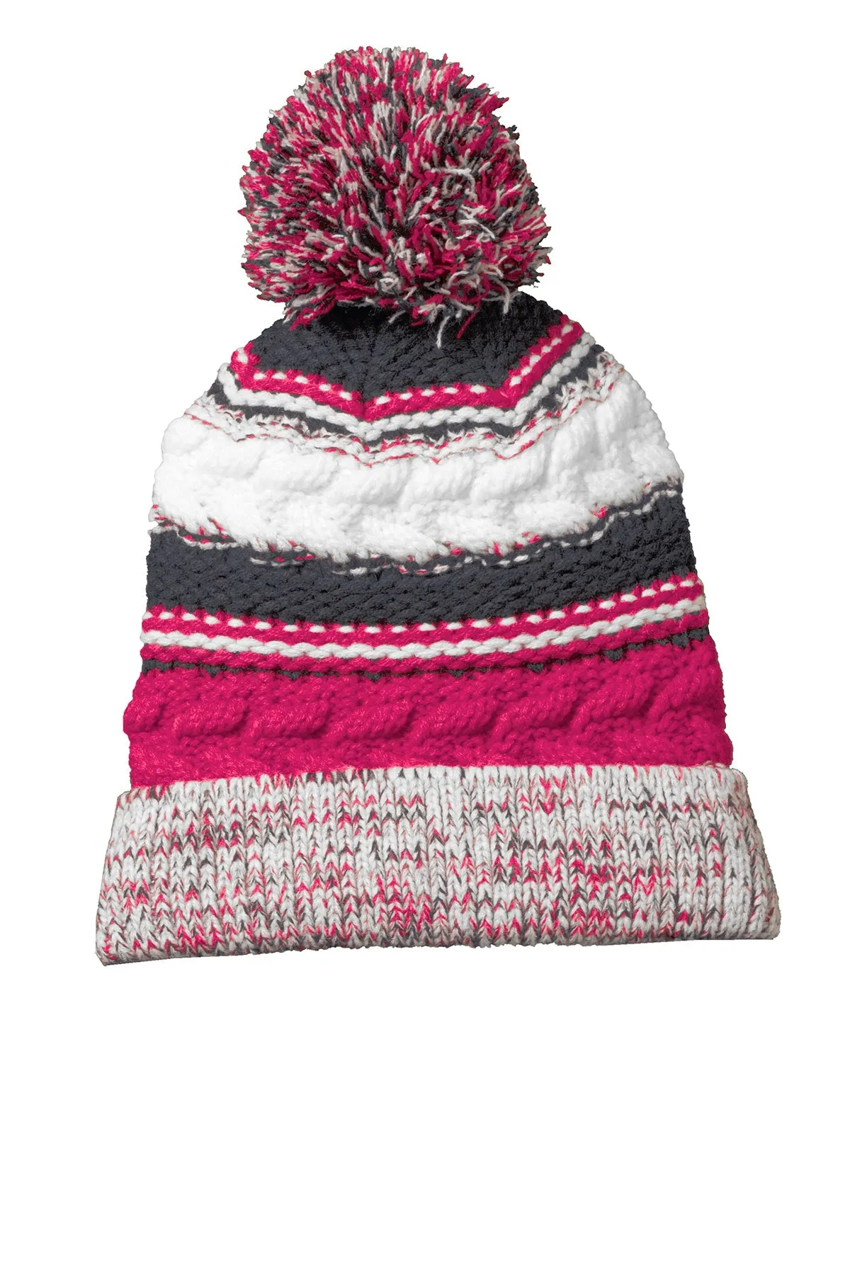 Sport-Tek Pom Pom Team Customized Beanies, Pink Raspberry/Iron Grey/White