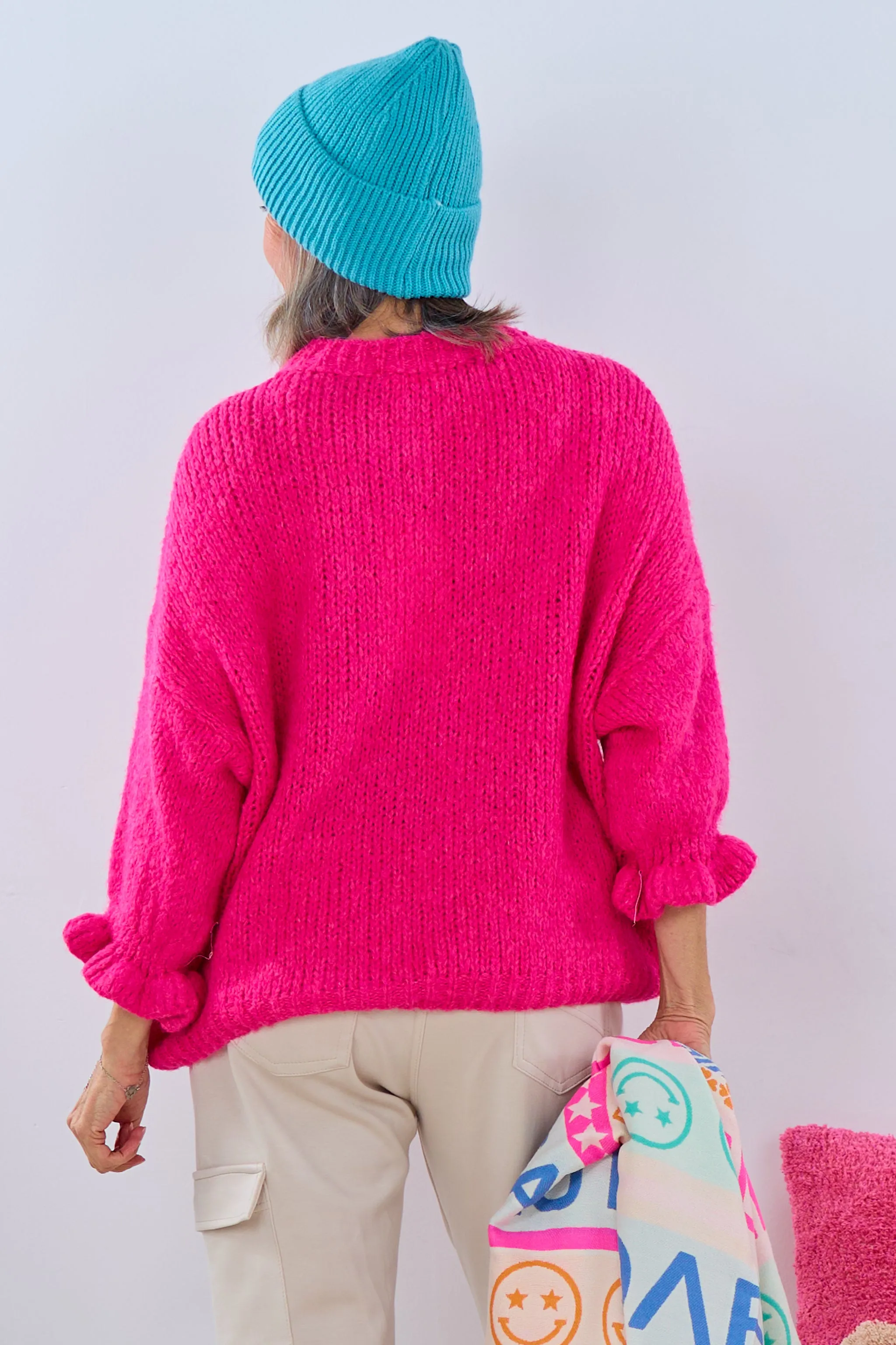 Strickpulli mit Rüschenärmeln, pink