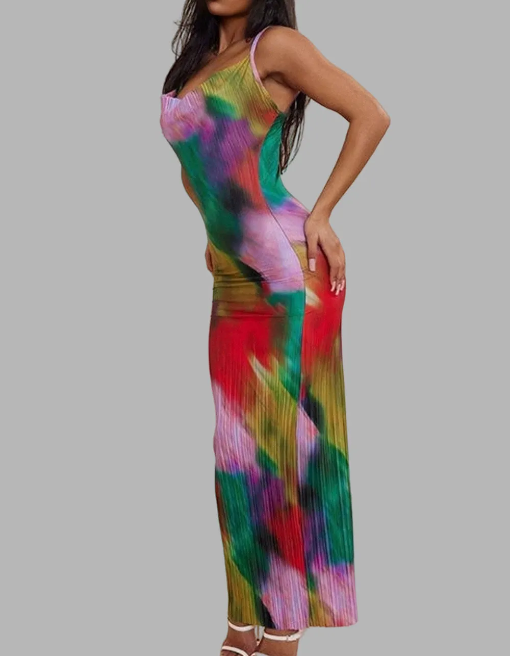 Tie-Dye Printed Strap Backless Long Bodycon Cami Dresses