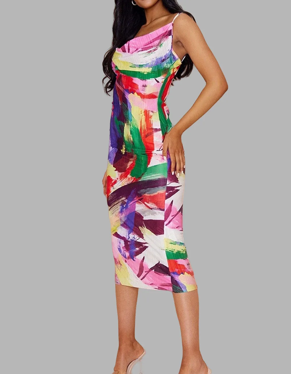 Tie-Dye Printed Strap Backless Long Bodycon Cami Dresses