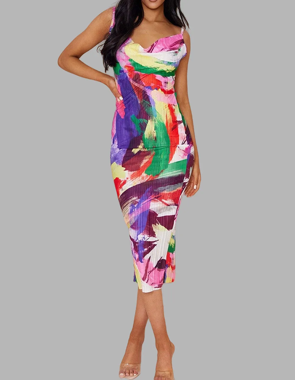 Tie-Dye Printed Strap Backless Long Bodycon Cami Dresses