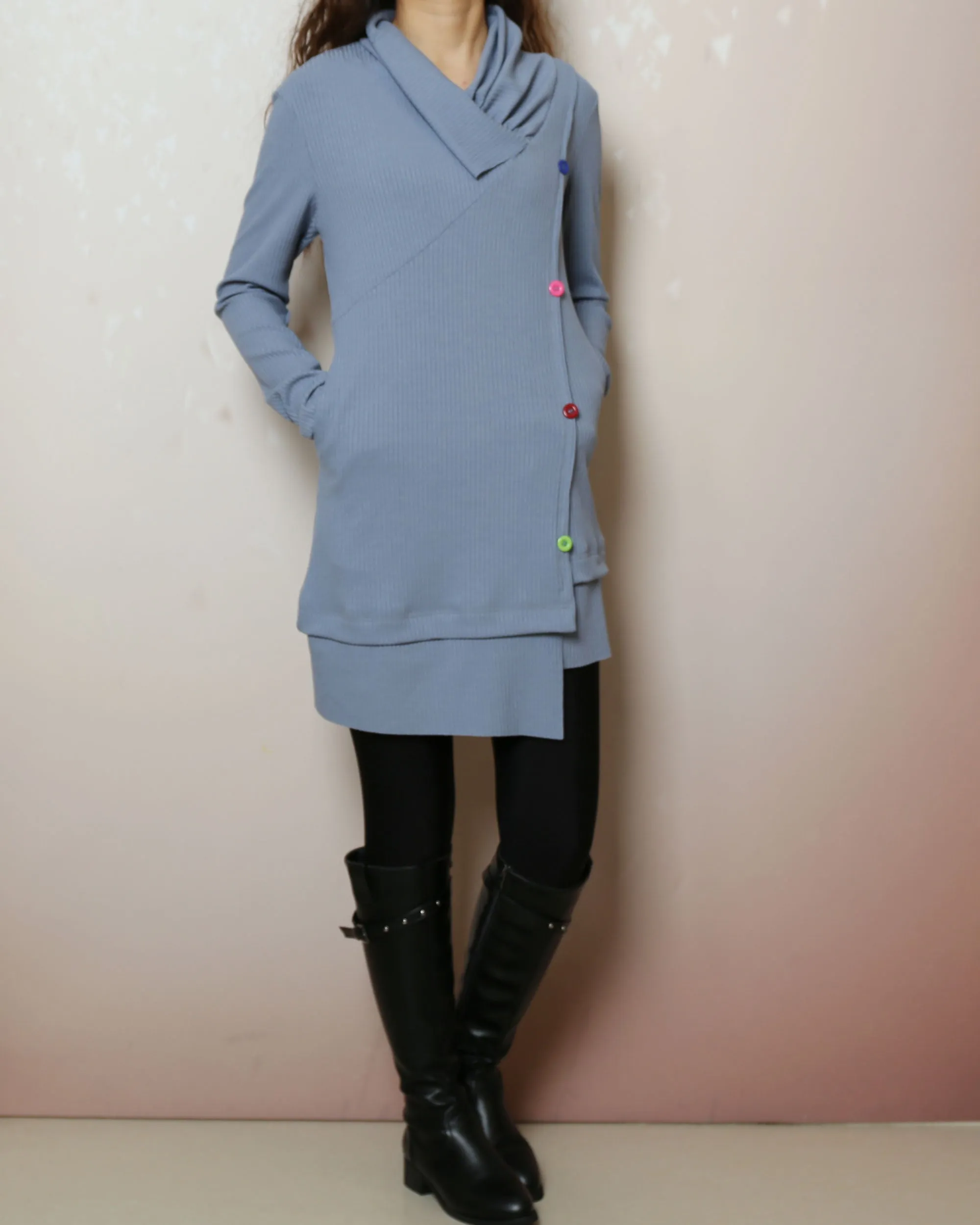 Tunic top for leggings, Cotton tunic dress, Rib knit top, Cotton tunic dress with thumbhole, long sleeve tunic, lightweight sweater (Y2169)