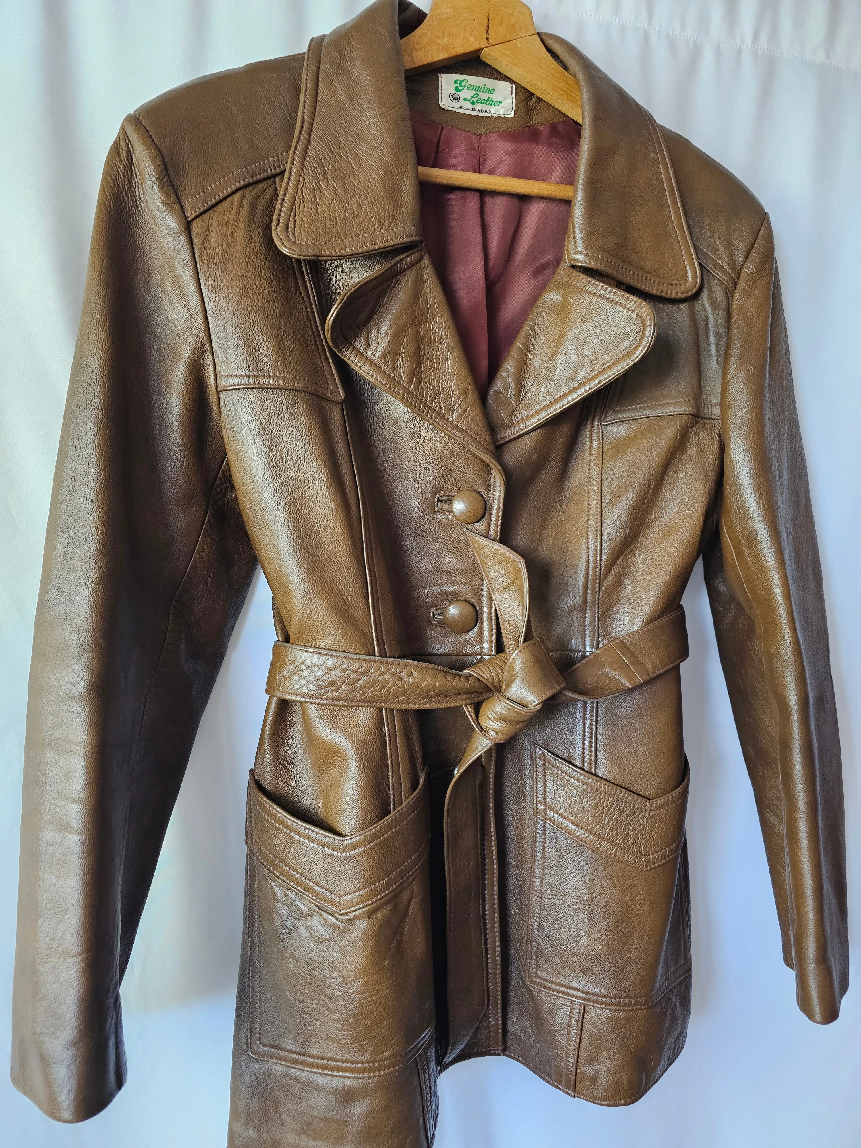 Vintage 70s Brown Retro Leather Jacket Size 10/12