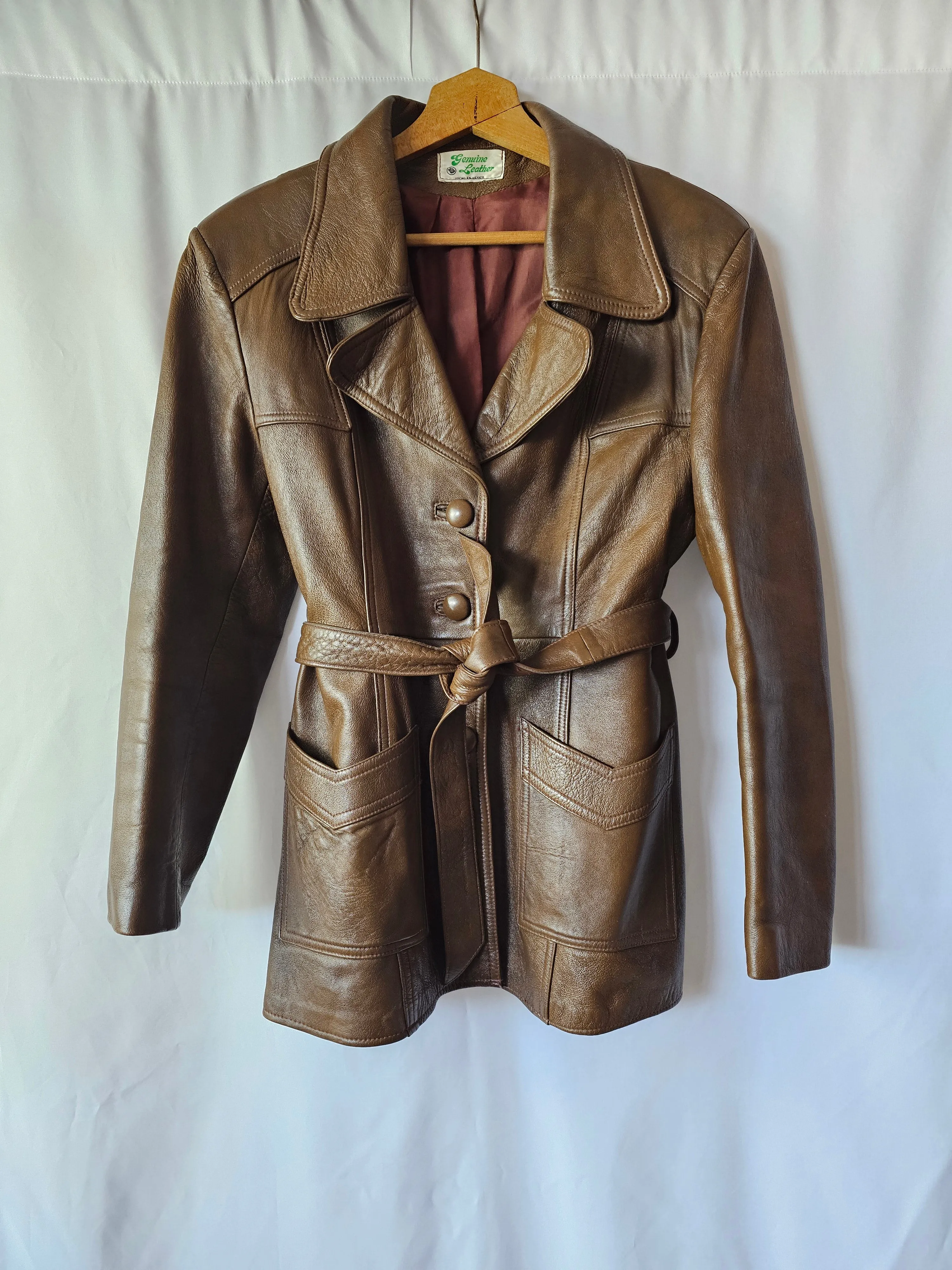 Vintage 70s Brown Retro Leather Jacket Size 10/12