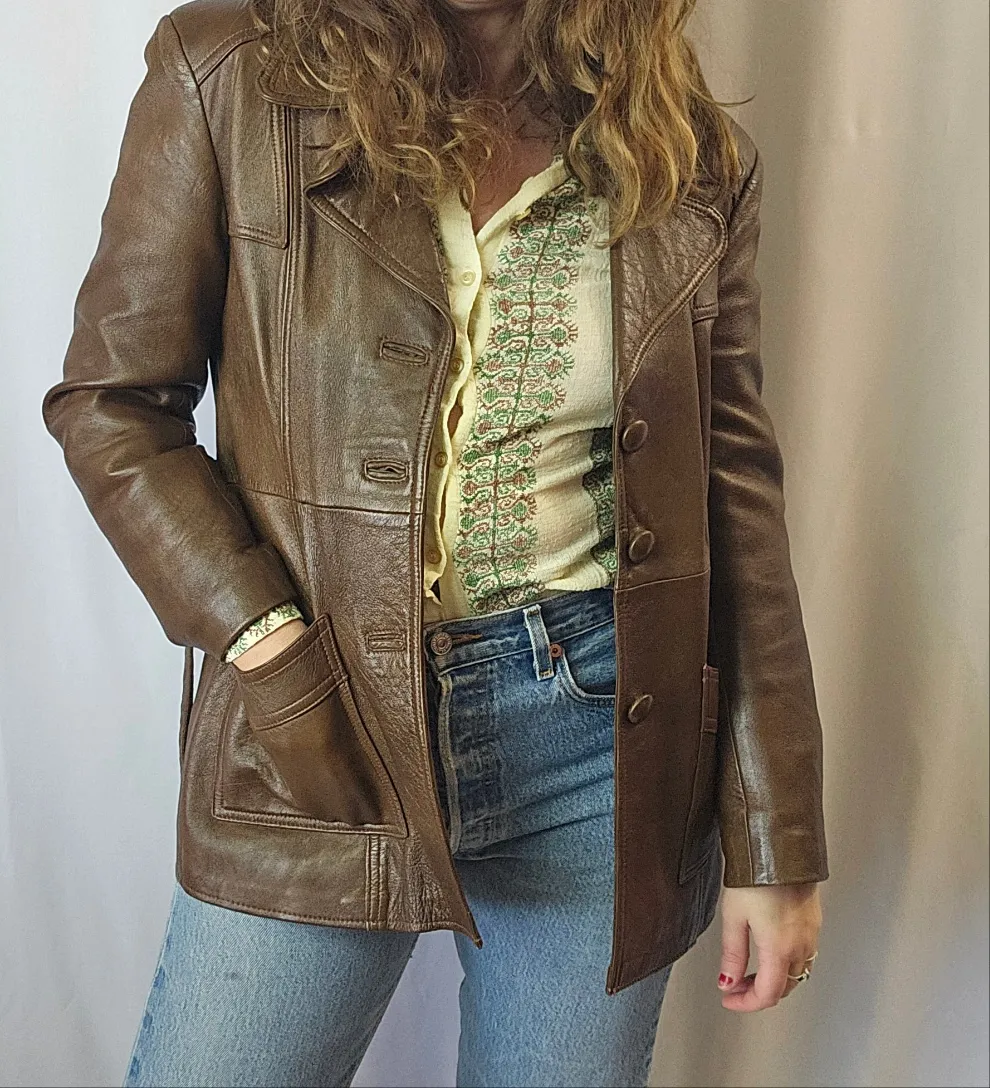 Vintage 70s Brown Retro Leather Jacket Size 10/12