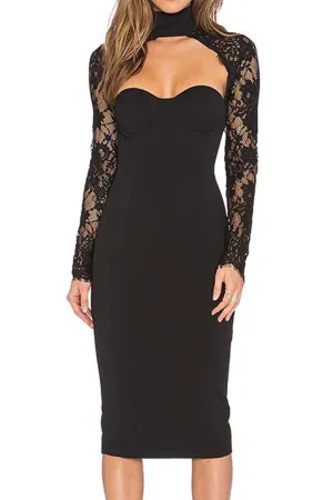 Women Exciting Halter Neck Lace Designed Sleeve Solid Pattern Attractive Bodycon Dress - WD118187