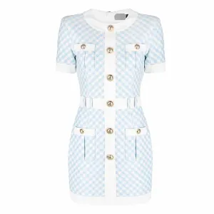 Women Short Sleeves Fitted checkered Mini Bodycon Dress