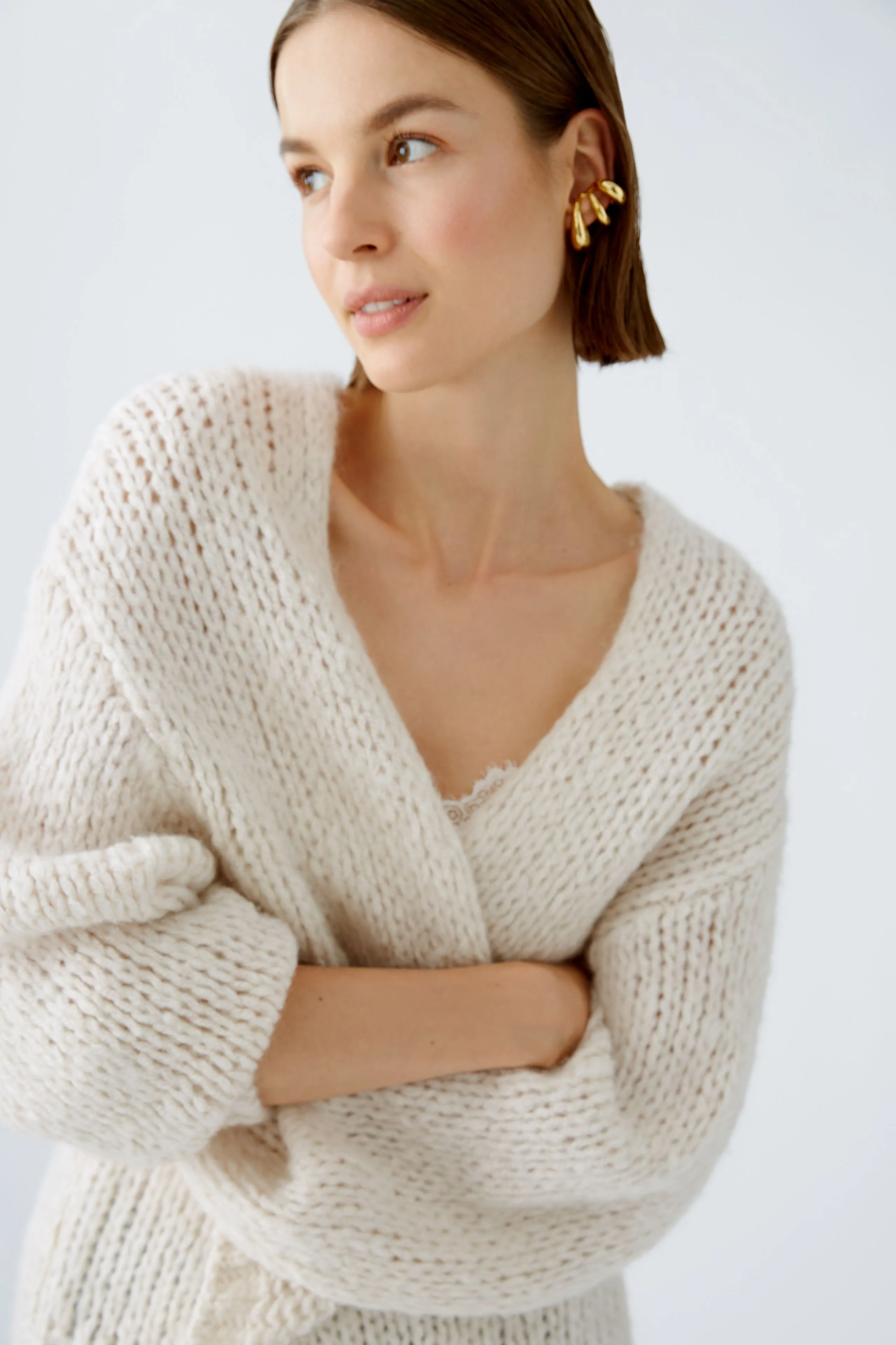 Wool and Mohair Cardigan in Light Beige Melange